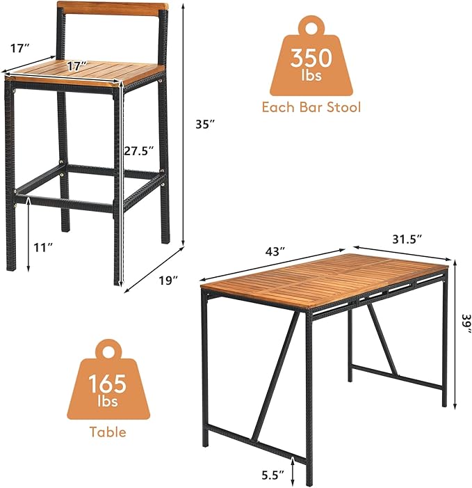 HAPPYGRILL 5 Pieces Patio Bar Table Set with Umbrella Hole Acacia Wood High-Dining Bistro Set with 4 Bar Stool, PE Wicker Outdoor Bar Set