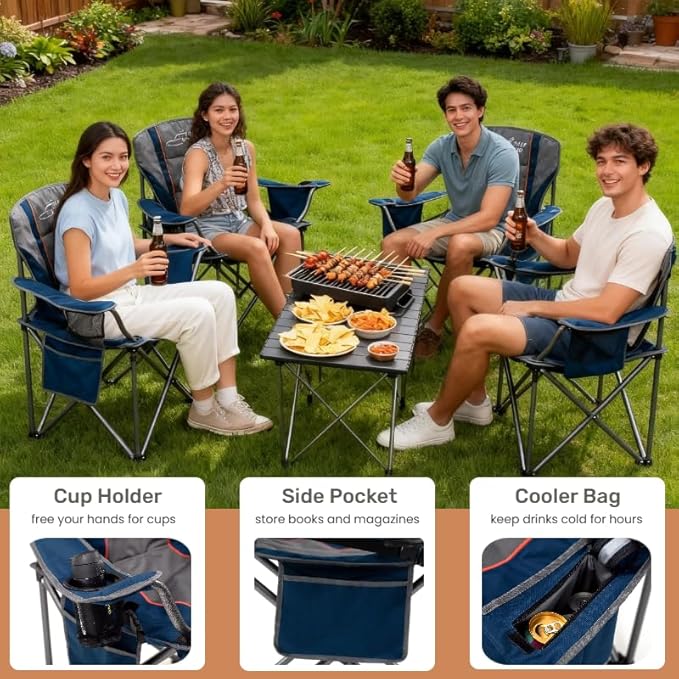 FAIR WIND Heavy Duty Camping Chair, Oversized Padded Folding Chair for Big and Tall (450lbs), Extra Wide Seat with Integrated Cooler & Storage Pocket, Adjustable Lumbar Support for Outdoor