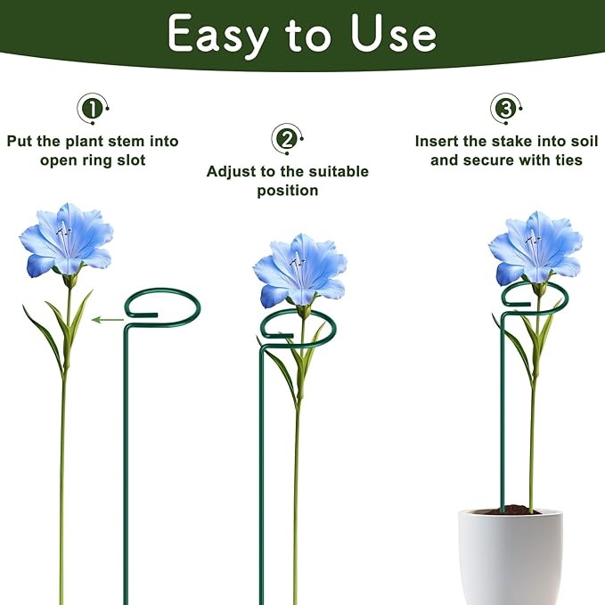 FEED GARDEN 16 Inch 20 Pack Plant Support Stakes, Metal Garden Flower Stakes and Supports for Outdoor Plants, Plant Stem Support with 40 Twist Ties for Amaryllis Lily Rose Peony Tomatoes Gladiolus