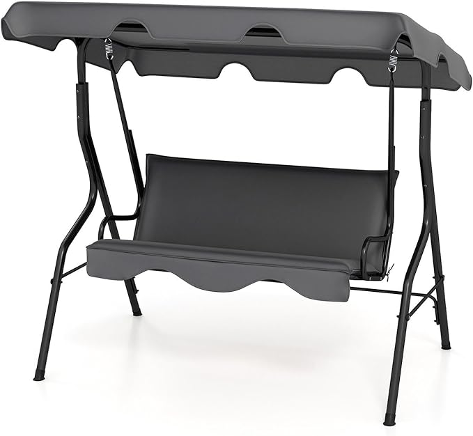 Porch Swing Outdoor, 3 Person Patio Swing w/Removable Cushion, Stand & Adjustable Canopy, Heavy Duty Swing Chair for Patio, Garden, Courtyard, Poolside