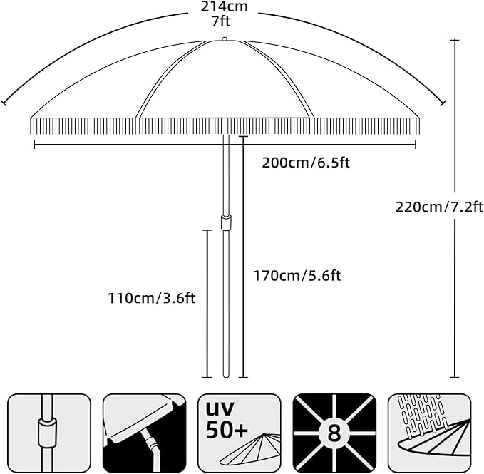 AMMSUN 7ft Patio Umbrella with Fringe Outdoor Tassel Umbrella UPF50+ Premium Steel Pole and Steel Ribs Push Button Tilt, Black