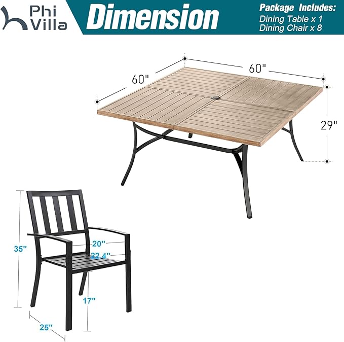 PHI VILLA 9 Pieces Outdoor Dining Set for 8, 60” Brown Wood-Like Square Metal Steel Table with Umbrella Hole & Stackable Wrought Iron Chairs, Large Outside Furniture for Patio, Deck, Yard, Porch