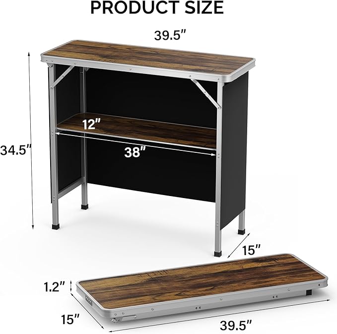 VINGLI Portable Bar Table, 2-Tier Shelves, Mobile Bar Table for Events, Party, Camping, Picnic, Tradeshow, Indoor with Black Skirt, 39 "L x 34" H