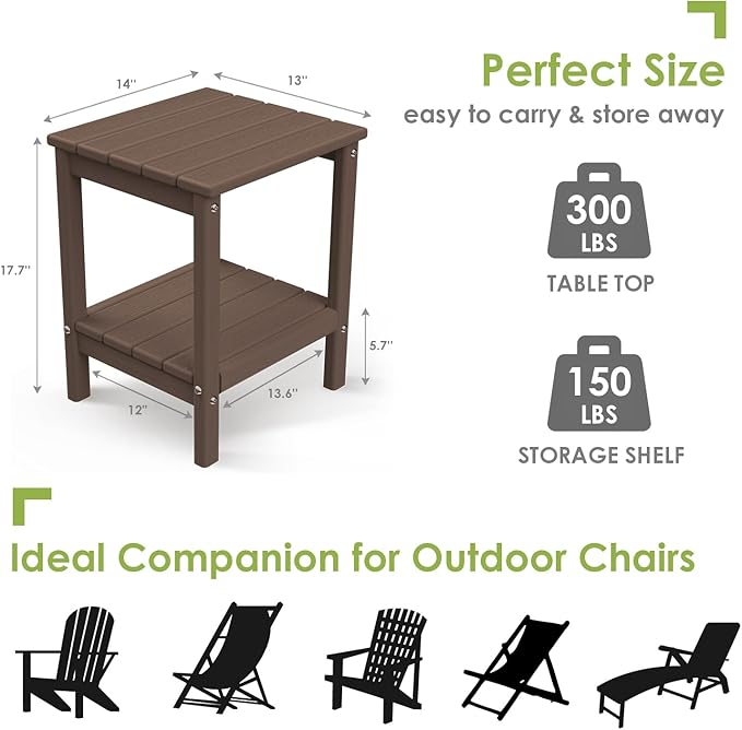 GREENVINES Adirondack-Outdoor-Side-Table | Set of 2 | Wood Grain | 14 x 13 Inches | HDPE Plastic | All Weather | Dark Brown | Outside End Tables | Storage Shelf | for Patio