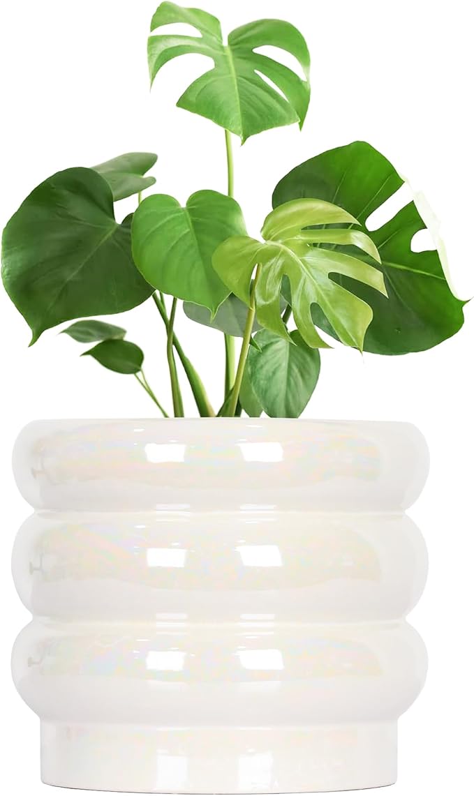 10 inch Ceramic Plant Pots for Indoor Plants, Rainbow Pearl Glaze Planter with Planters for Plants with Drainage Hole, Orchid Pots, Succulent Pot, Large Flower Pot (White)