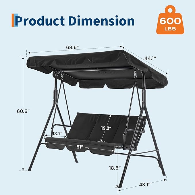 3 Person Porch Swing Chair,Outdoor Patio Swing Chair with Adjustable Canopy and Armrests,Breathable Fabric Seat & Backrest,Outdoor Swing for Backyard, Garden, 600 Lbs Max Load