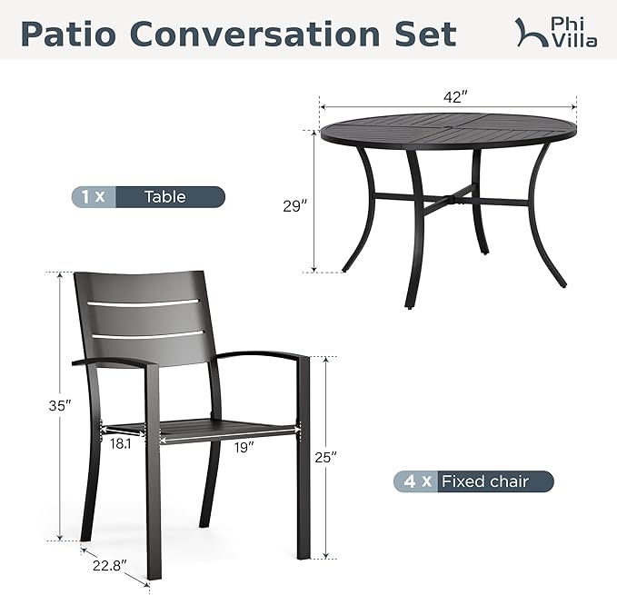 PHI VILLA 5 Pieces Outdoor Patio Dining Set for 4, 42”Round Black Metal Steel Table with Umbrella Hole & Stacking Wrought Iron Chairs, Modern Outside Furniture for Deck, Yard, Porch