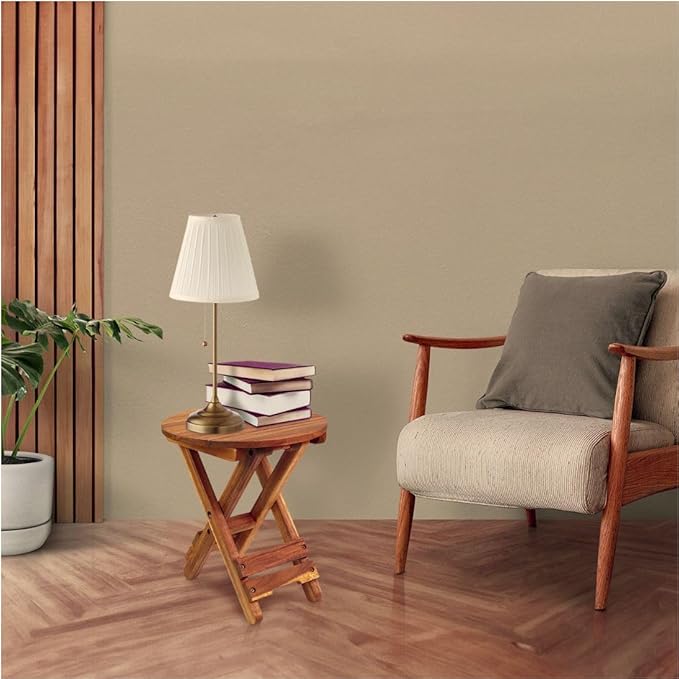 Small Patio Table, Outdoor Folding Side Table, Portable Side Table, Small Side Table, Accent Table, Small Coffee End Table, Wood Table Top for Living Room, Bedroom... (Round - Acacia - Set 2)