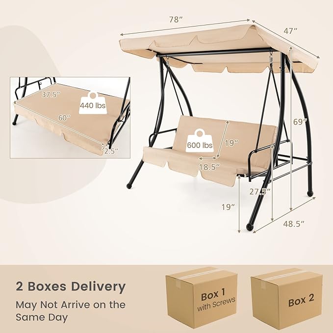 Tangkula 2 Person Porch Swing, 2-in-1 Convertible Outdoor Swing Bed with Adjustable Canopy, Removable Cushions, Solid Metal Frame, Outside Patio Swing for Backyard, Poolside, Deck