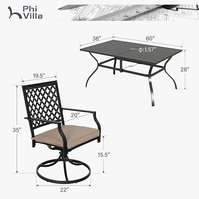 PHI VILLA 7 Pieces Outdoor Dining Set for 6, 60" Rectangle Metal Steel Table with Umbrella Hole & Swivel Wrought Iron Chairs with Cushions, Large Furniture Set for Patio, Deck, Porch, Yard