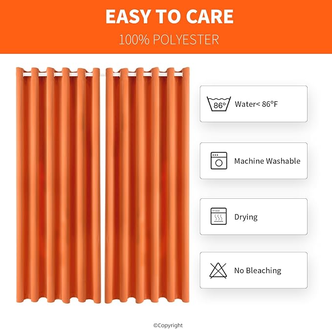 DIVA EN CAMINO DEC Outdoor Patio Curtain Waterproof Darkening Thermal Insulated Indoor Curtains for Bedroom, Porch, Living Room, Pergola, Cabana, W84 x L95, Orange, Set of 2 Panels