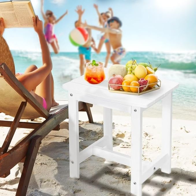 Y&M Outdoor Side Table, HIPS Adirondack Small Single Table, Waterproof Square Outside Table, Balcony Modern End Tables for Patio, Pool, Beach, Porch, Deck, Indoor or Outdoor Use, White