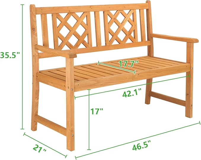 Outvita Wooden Garden Bench, Outdoor Wood Patio Bench, Rustic Two Person Loveseat Chair w/Armrest for Porch Poolside Park Backyard Balcony, Capacity 605Lbs, Grid Backrest