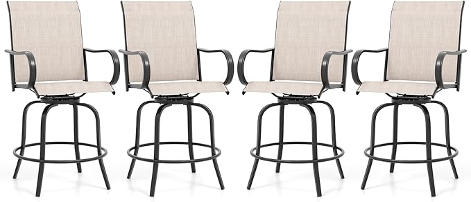 Giantex Set of 4 Swivel Outdoor Bar Stools, All-Weather Bar Height Patio Chairs, 330LBS Capacity, 360 Rotating Outside Bar Chairs with High Back Armrests, for Porch Yard Lawn Garden Pool (Grey)