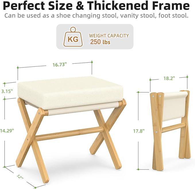 Foldable Foot Stool Ottoman, Modern Foot Rest with Bamboo X Legs & Thick Foam Cushion, Folding Foot Stools Small Padded for Bedroom Living Room, Footstool for Chair Couch (Natural - Beige)