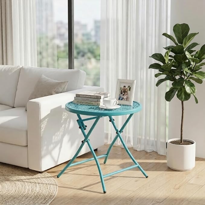 TeoKJ Folding Outdoor Side Tables, Anti Rust Small Patio Table Round Metal Nightstand with Flower Cutouts for Porch Yard Balcony Deck Lawn, Blue