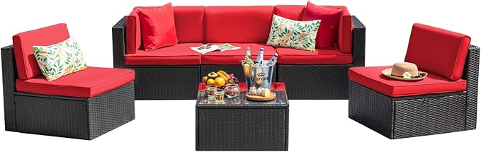 Devoko Patio Furniture Sets 6 Pieces Outdoor Sectional Rattan Sofa Manual Weaving Wicker Patio Conversation Set with Glass Table and Cushion (Red)