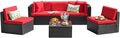 Devoko Patio Furniture Sets 6 Pieces Outdoor Sectional Rattan Sofa Manual Weaving Wicker Patio Conversation Set with Glass Table and Cushion (Red)