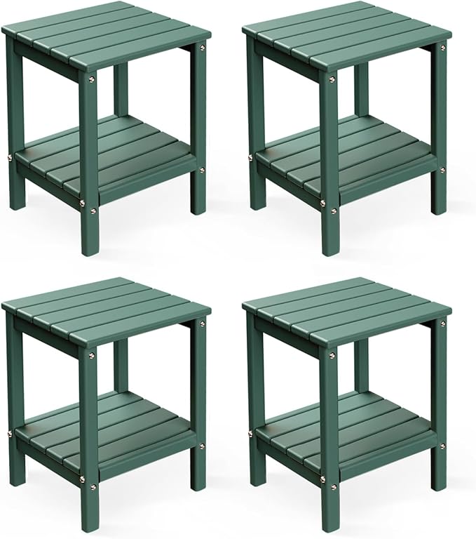 GREENVINES Adirondack-Outdoor-Side-Table | Set of 4 | 14 x 13 Inches | HDPE Plastic | All Weather | Forest Green | Outside End Tables | Storage Shelf | for Patio Porch Backyard Indoor