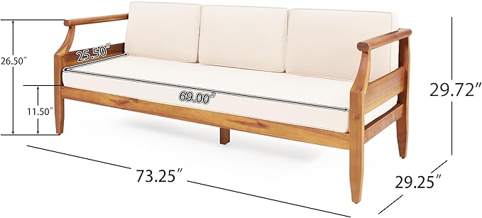 Christopher Knight Home Aston Outdoor 3 Seater Sofa, Upholstered Cushion Couch, Acacia Wood Bench Sofa, Slat Armchair, 73.25" W Spacious Seating Bench Couch for Gardern Porch Balcony, Teak+Beige