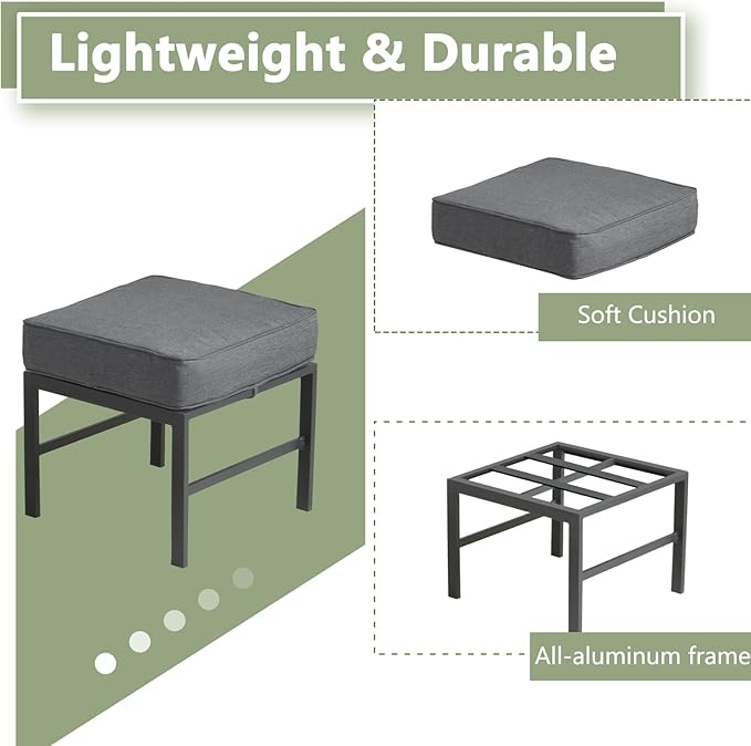 2 Pieces Outdoor Ottomans for Patio, No-Assembly Aluminum Outdoor Patio Footstool with Gray Cushions, Small Aluminum Patio Seat for Porch Yard Garden Deck, Grey Frame