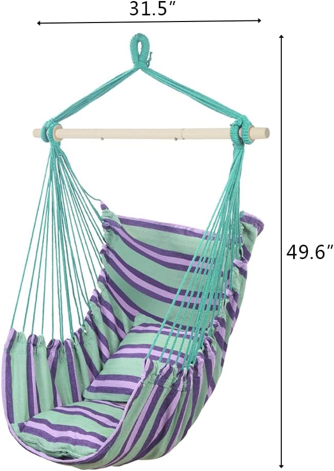 ONCLOUD Hammock Chair Hanging Rope Swing, Load Capacity 550 LBS Macrame Hammock Swing Seat with Two Cushions, Hammock Seat with Portable Steel Spreader Bar for Indoor/Outdoor, Purple Green Stripe