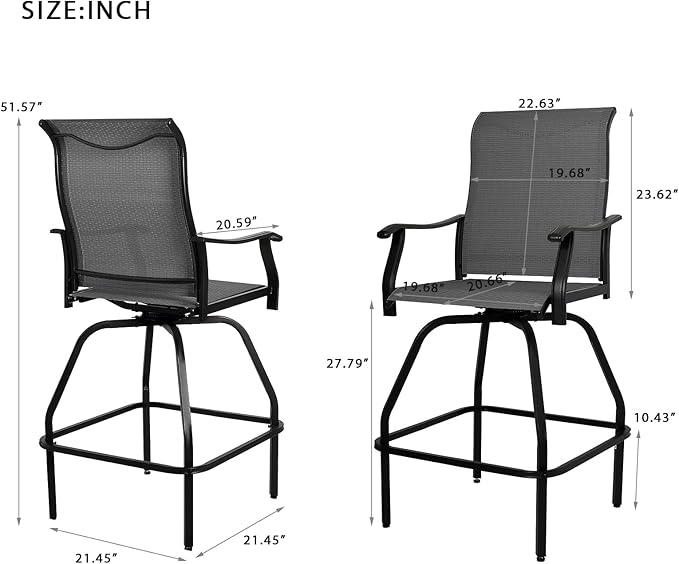 LEVELEVE Patio Bar Set 2pcs Swivel Bar Stools Outdoor Bistro Textilene Furniture Stability All-Weather Set with Height Table (2, Grey Fabric)