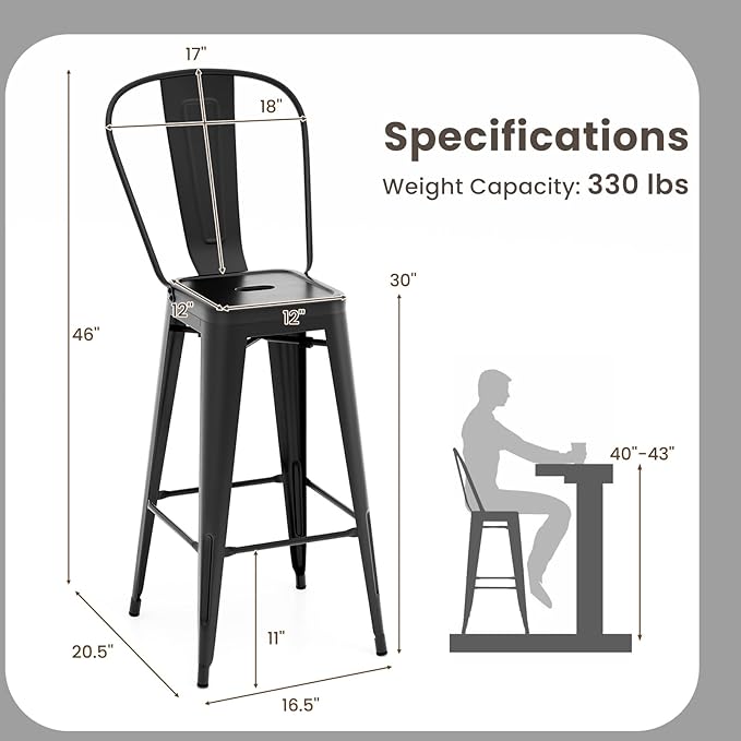 COSTWAY 30'' Metal Bar stools Set of 4, with Removable Back,Bar Height Stools with Rubber Feet, Stylish and Modern Chairs, for Kitchen, Dining Rooms, and Side Bar (Black-Update, 30'')