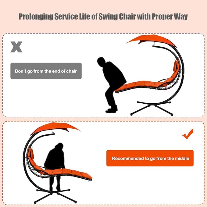 Giantex Hanging Chaise Lounger Chair, Arc Stand Porch Swing Chair w/Canopy, Cushion Built-in Pillow, Outdoor Freestanding Swing Hammock Chair for Patio Poolside Backyard Garden (Orange)
