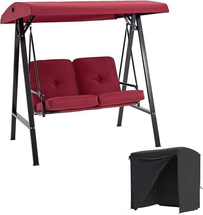 AECOJOY 2-Seat Outdoor Patio Swing Chair with Cover, Porch Swings Chairs for Adult, Outside Swing Bench with Adjustable Canopy&Removable Cushion, Red