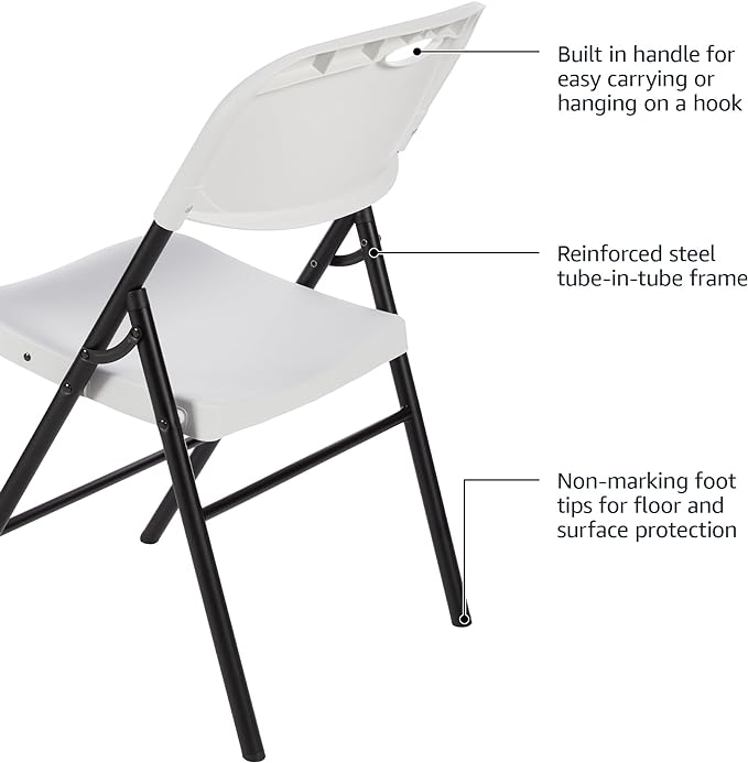 Amazon Basics Portable Folding Plastic Chair with Back Support, Easy to Fold and Store, 350-Pound Capacity, White, 2-Pack
