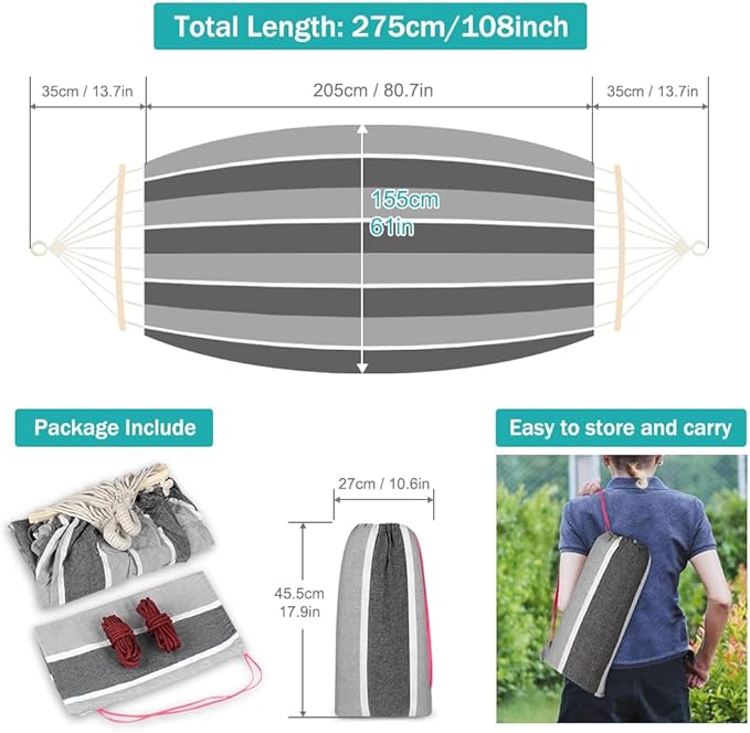 MOSFiATA Camping Hammock 550lb Upgraded Thickened 320G Durable Canvas Fabric Hammocks with Anti Roll Balance Beam and Sturdy Metal Knot for Camping, Patio, Backyard, Outdoor（Grey）