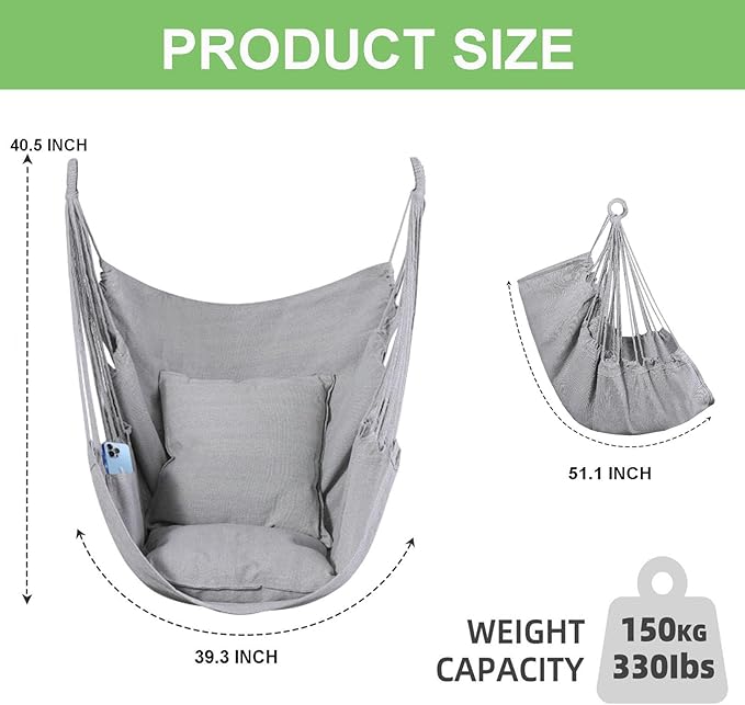 Goutime Hammock Chair, Boho Hanging Rope Ceiling Swing, Macrame Hanging Swinging Chair for Indoor,Outdoor,Bedroom,Outside,Garden,Balcony,Yard,Deck,Max 330 Lbs (Gray)