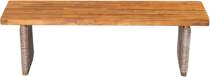 Christopher Knight Home Pasco Acacia Wood Outdoor Dining Table Set for 6, Wicker Patio Dining Set with Acacia Wood Table and Bench, Patio Table and Chair Set with Cushion+Rope Back, Black+Teak+Brown
