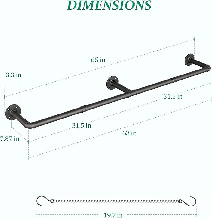 Plant Haning Rod, Hanging Planters for Indoor Plants with 6 Chains, Wall Plant Hanging Bar for Window Celling, 65.7 Inch, Metal Black, Pots Not Included