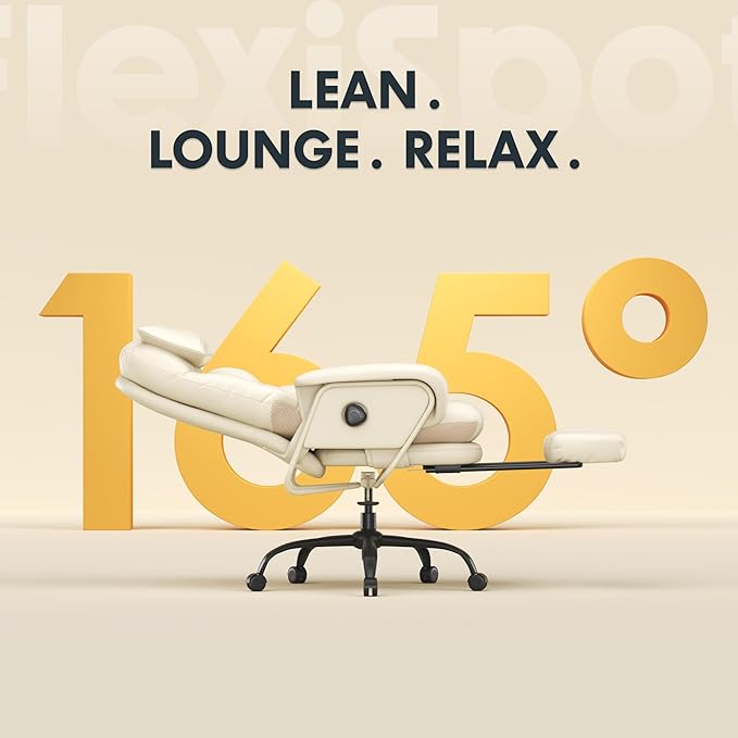 FLEXISPOT Luno 2-in-1 Chaise Lounge Chair Indoor with Wheels Footrest 90-165° Reclining Lumbar Support, Home Office Chairs for Living Room Bedroom Study Working Relaxing, Leather, Beige White