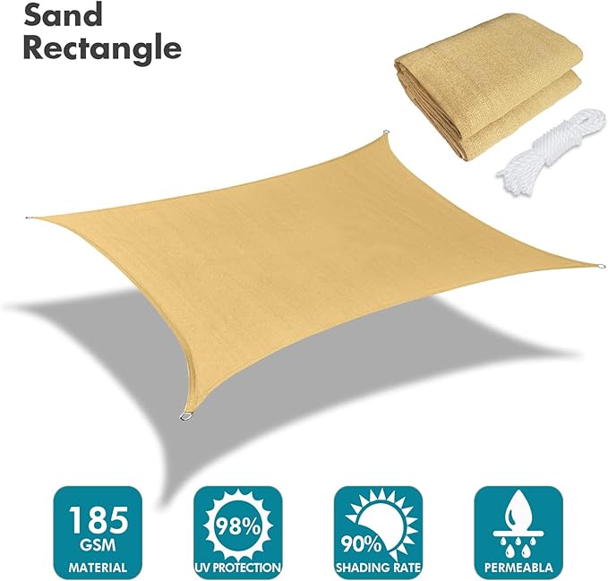 KANAGAWA 12'X14' Sand Custom Size Sun Shade Sail Rectangle UV Block Canopy Cover for Patio Backyard Lawn Garden Outdoor (Customized Available)