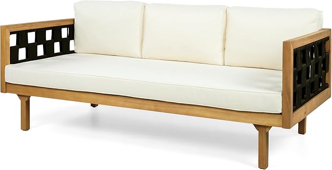 Christopher Knight Home Rosie Acacia Wood Outdoor Daybed Sofa with Water-Resistant Cushion, Solid Wood Patio 3 Seater Sofa Couch, Patio Garden Lounge Sofa with Woven Rope Accent, Black+Teak+Beige