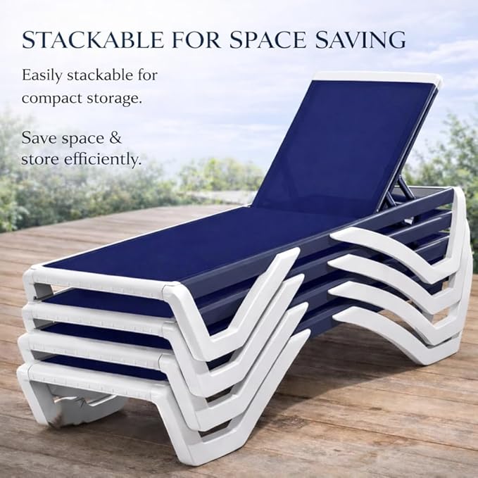 Kozyard Outdoor Chaise Lounge Chair, Full Flat Adjustable Patio Lounger with Aluminum Frame & Resin Legs, Textilene Fabric for Poolside, Backyard & Beach (NavyBlue, 2Chairs with Table)