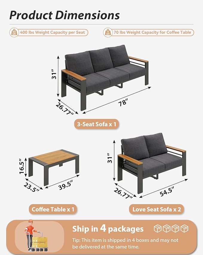 Aoxun Aluminum Outdoor Patio Furniture Set, 7 Seats Outdoor Sectional with Coffee Table, Patio Conversation Sets with Upgraded Armrests and Cushions for Backyard, Garden and Poolside（Dark Grey）