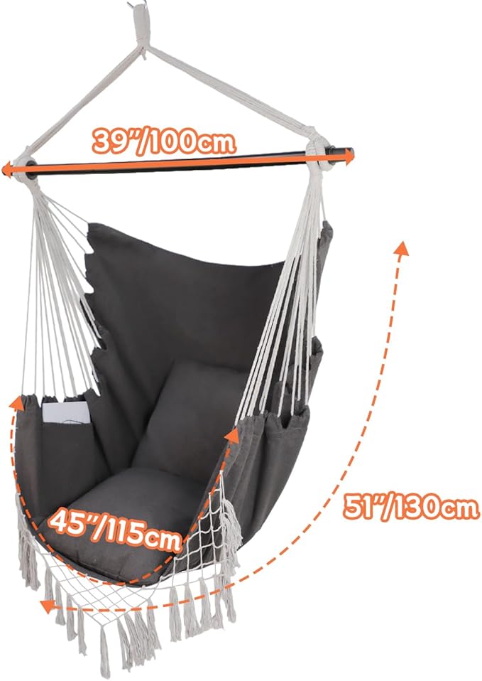 Hammock Chair Hanging Rope Swing Chair,Max 450 Lbs, Large Hanging Chair with Pocket, 2 Cushions, Removable Steel Bar, Hardware Kit Included, Superior Comfort for Indoor Outdoor (Dark Grey)