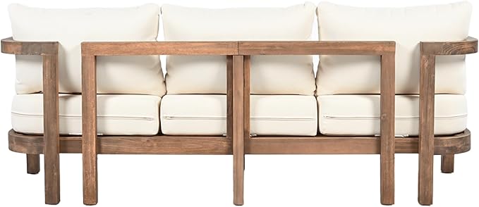 Christopher Knight Home Havets 74.75"W Outdoor 3 Seater Sofa, 6" Thick Cushion Couch, Acacia Wood Bench Sofa, Slats Panel Open Back, Spacious Seating Bench Couch for Backyard Garden Porch, Brown+Beige