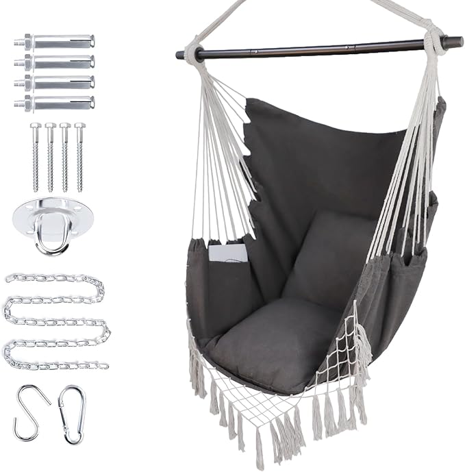Hammock Chair Hanging Rope Swing Chair,Max 450 Lbs, Large Hanging Chair with Pocket, 2 Cushions, Removable Steel Bar, Hardware Kit Included, Superior Comfort for Indoor Outdoor (Dark Grey)