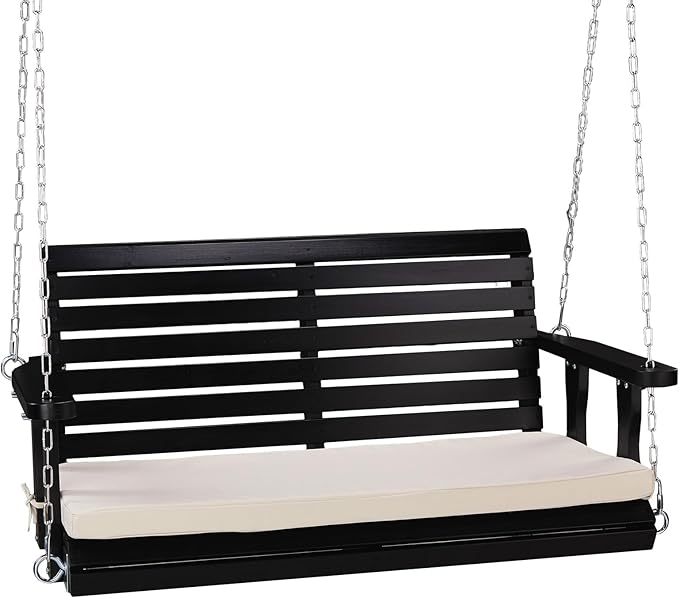 VINGLI Wooden Porch Swing, Heavy Duty 880 LBS Hanging Patio Bench with Extra Cushion for Lawn| Garden| Courtyard (Black, 4 feet)