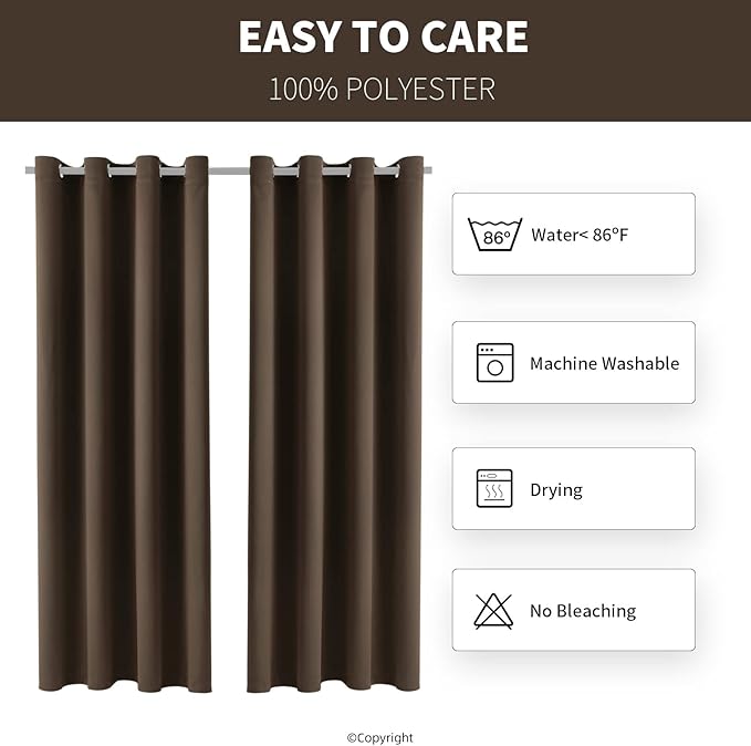 DIVA EN CAMINO DEC Outdoor Patio Curtain Waterproof Darkening Thermal Insulated Indoor Curtains for Bedroom, Porch, Living Room, Pergola, Cabana, W52 x L95, Chocolate Brown, Set of 2 Panels