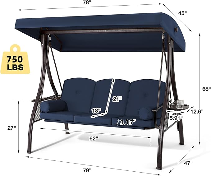 HOMREST 3 Person Outdoor Porch Swing with 1.5" Deep Cup Holder, Adjustable Canopy, Backrest, Patio Swing Bed with Weather Resistant Steel Frame, Cushions for Garden,Deck and Poolside(Blue)