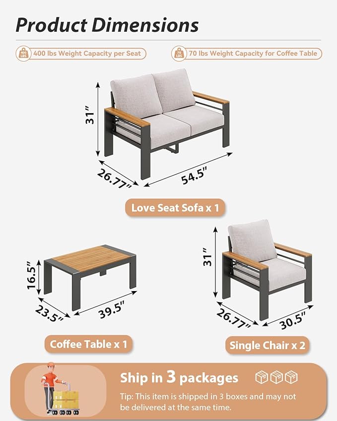 Aoxun Aluminum Outdoor Patio Furniture Set, 4 Seats Outdoor Sectional with Coffee Table, Patio Conversation Sets with Upgraded Armrests and Cushions for Backyard, Garden and Poolside