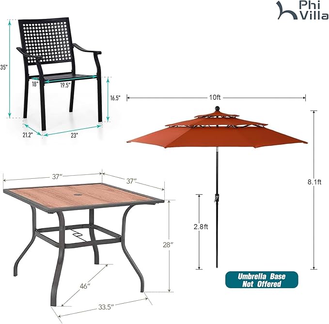 PHI VILLA 5 Pieces Outdoor Dining Set for 4 with Umbrella, 37" Square Wood-Like Steel Table & Stackable Iron Chairs with Cushions & 10ft Red Umbrella, Modern Furniture for Patio, Deck, Yard, Porch