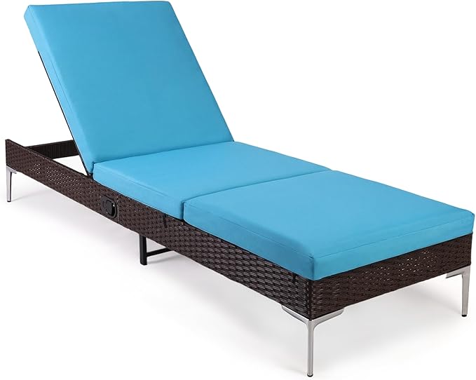 HOMREST Outdoor Chaise with Pneumatic Adjustable Backrest, Rattan Pool Sunbathing Chair - Turquoise