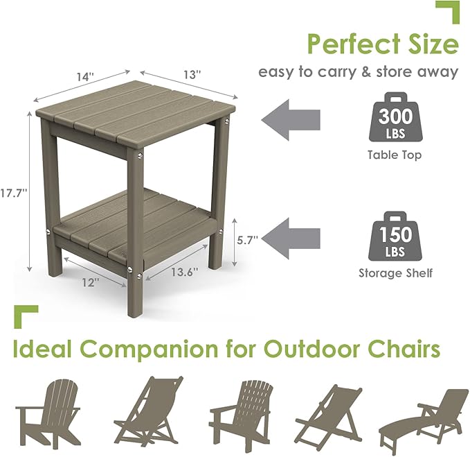 GREENVINES Adirondack-Outdoor-Side-Table | Wood Grain | 14 x 13 Inches | HDPE Plastic | All Weather | Desert Brown | Outside End Tables | Storage Shelf | for Patio Porch